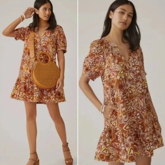 Anthropologie PILCRO Puffed Sleeve Floral Tapestry Dress Cotton/Linen size S - Picture 1 of 16